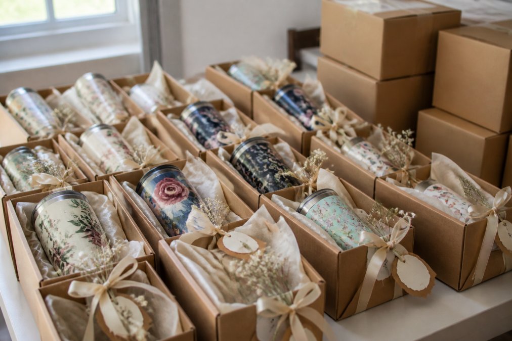 Process flow for packaging handcrafted gifts in labeled boxes for shipping wedding party orders