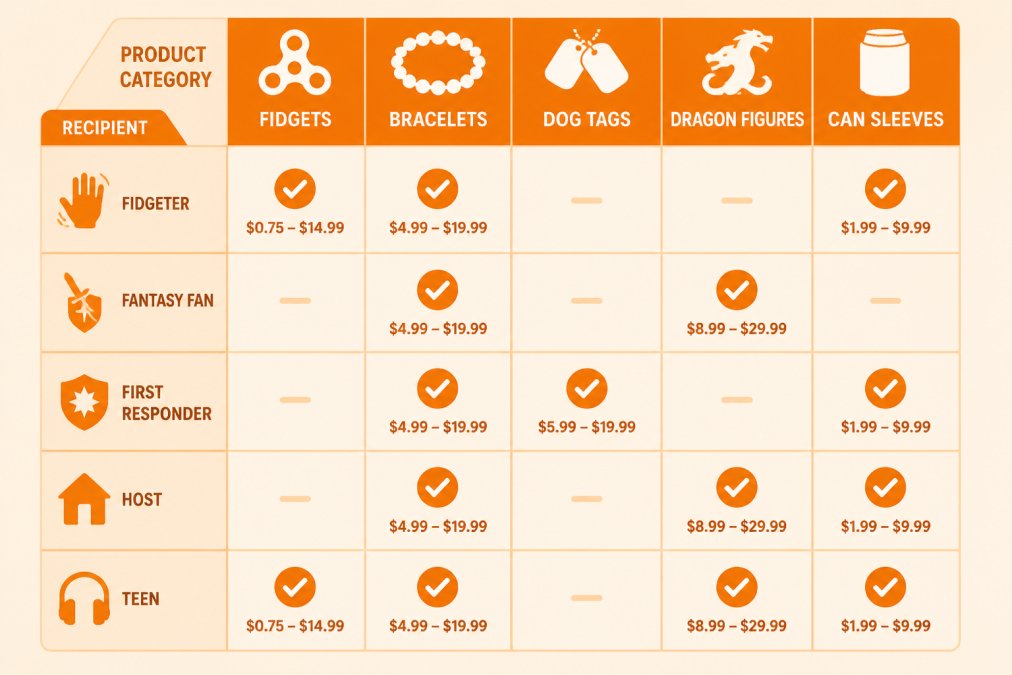 Matrix chart matching handcrafted gifts by recipient type and product category with pricing tiers.