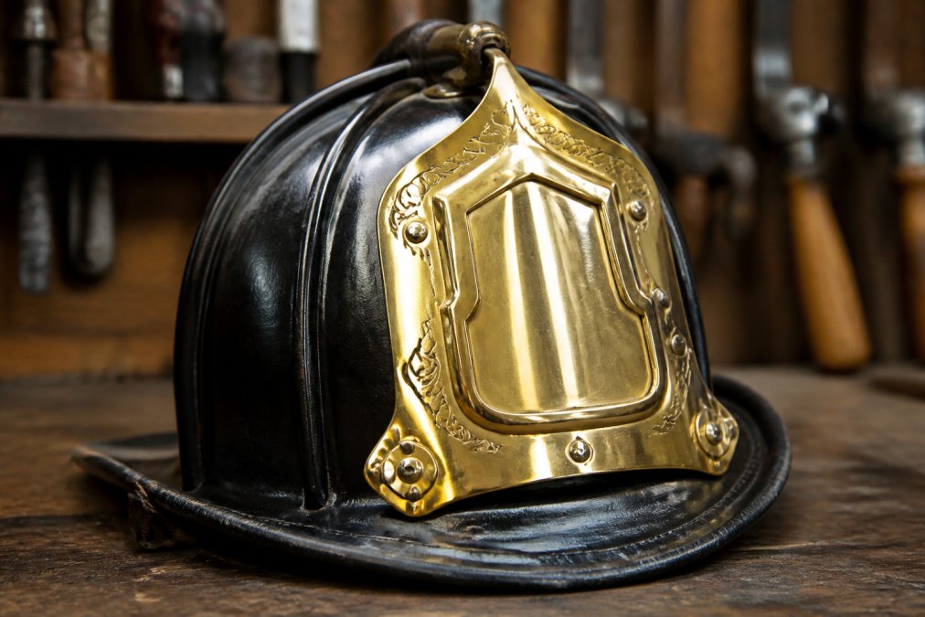 Close-up of a polished brass front holder mounted on a leather fire helmet, showing detailed craftsmanship with sharp engraving and secure riveted attachment, natural workshop lighting highlighting the metalwork