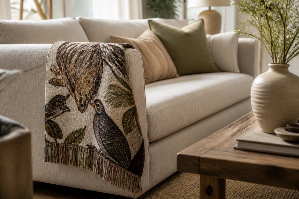 A bright modern living room with a neutral linen sofa, a folded woven throw blanket with intricate animal artwork draped over one arm, and a ceramic vase on a wooden coffee table nearby