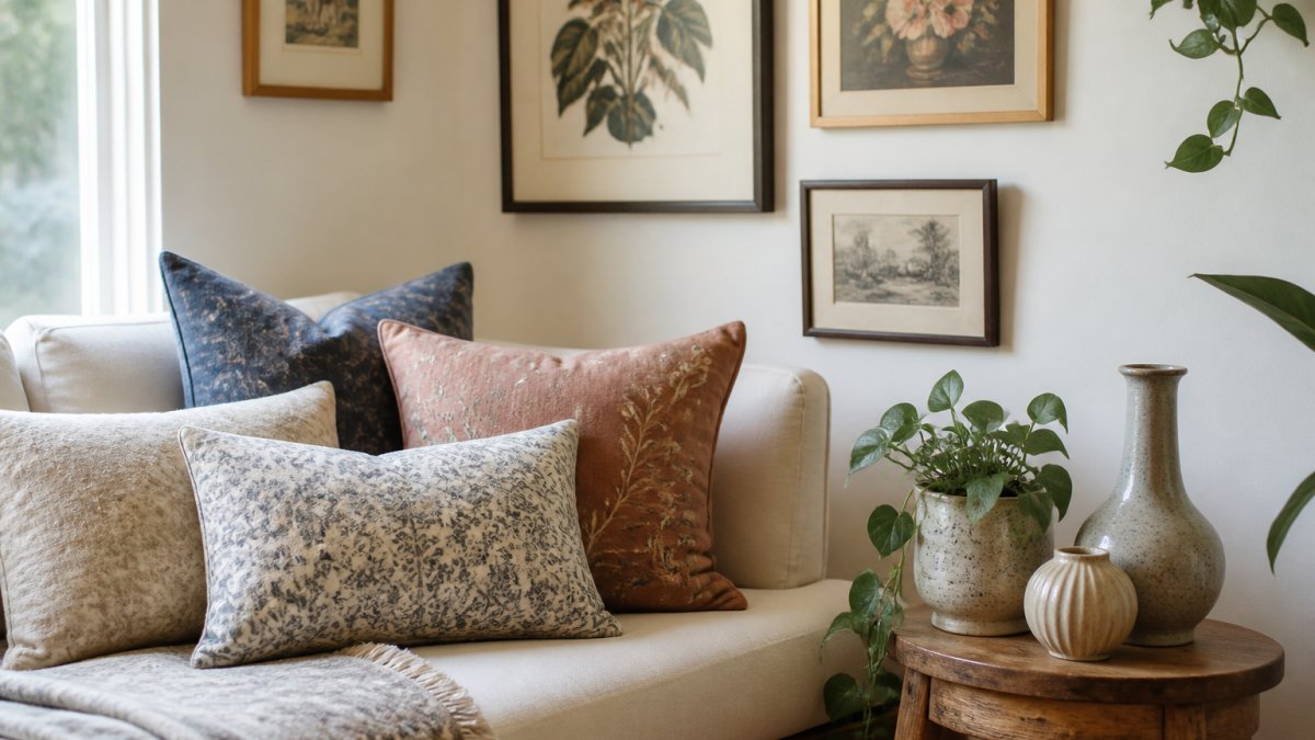Cozy small living room corner with vintage-inspired handcrafted pillows in muted tones arranged on a cream sofa, framed art prints hung at varying heights on the wall, and a small wooden side table displaying ceramic vases and trailing pothos plants in natural daylight