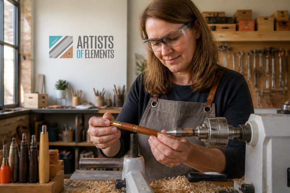 Close-up of a woodworker's hands holding a freshly turned wooden pen on a lathe in a bright studio workshop, wood shavings visible on the workbench