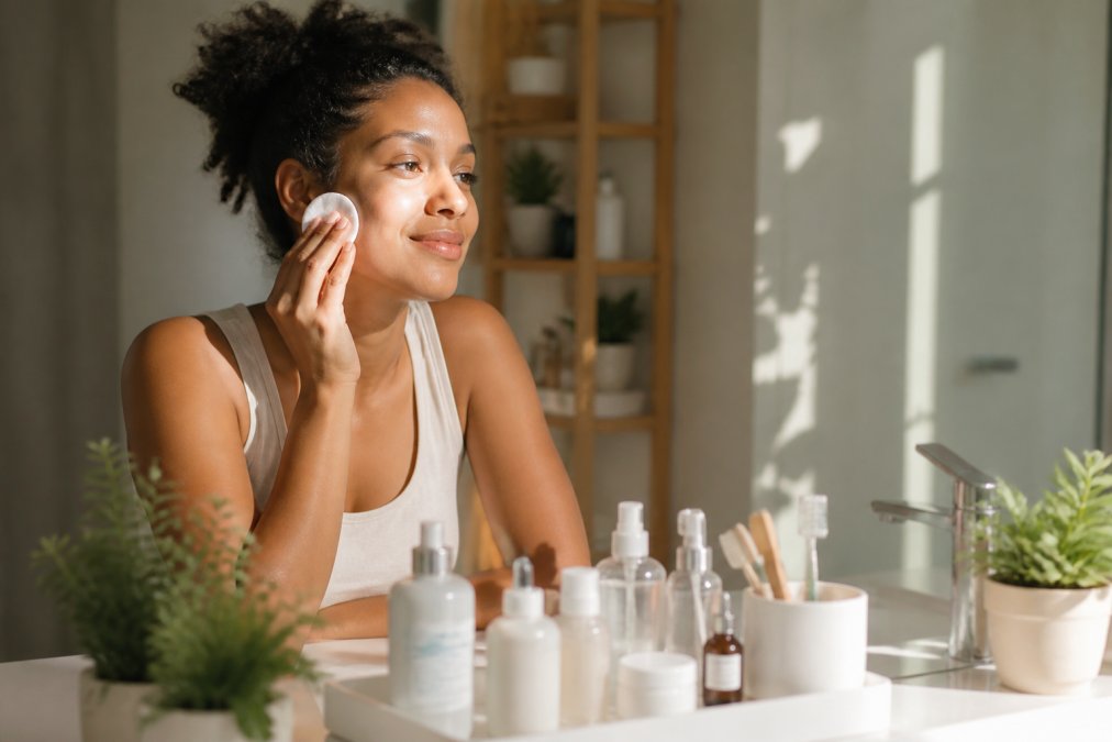 Woman's hands applying toner with a cotton pad to her face in a bright bathroom with skincare products arranged on the vanity, warm natural light highlighting her complexion