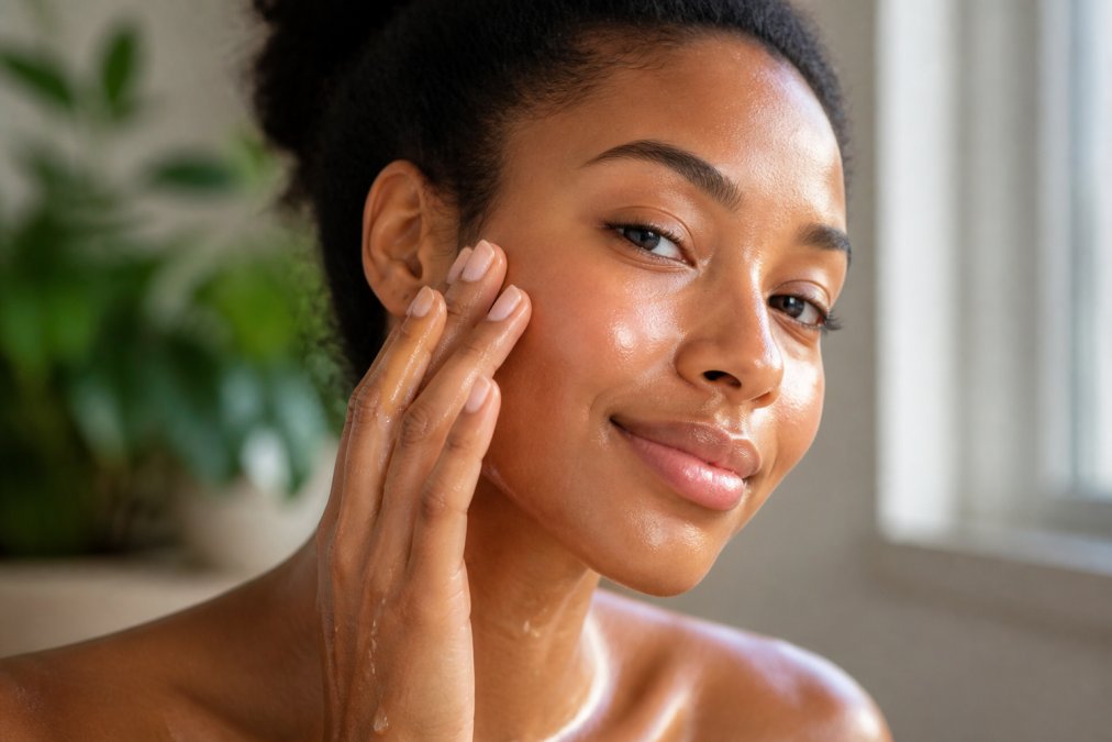 Close-up of a woman's face with dewy, hydrated skin after washing, natural soft window lighting highlighting her glowing complexion and smooth skin texture