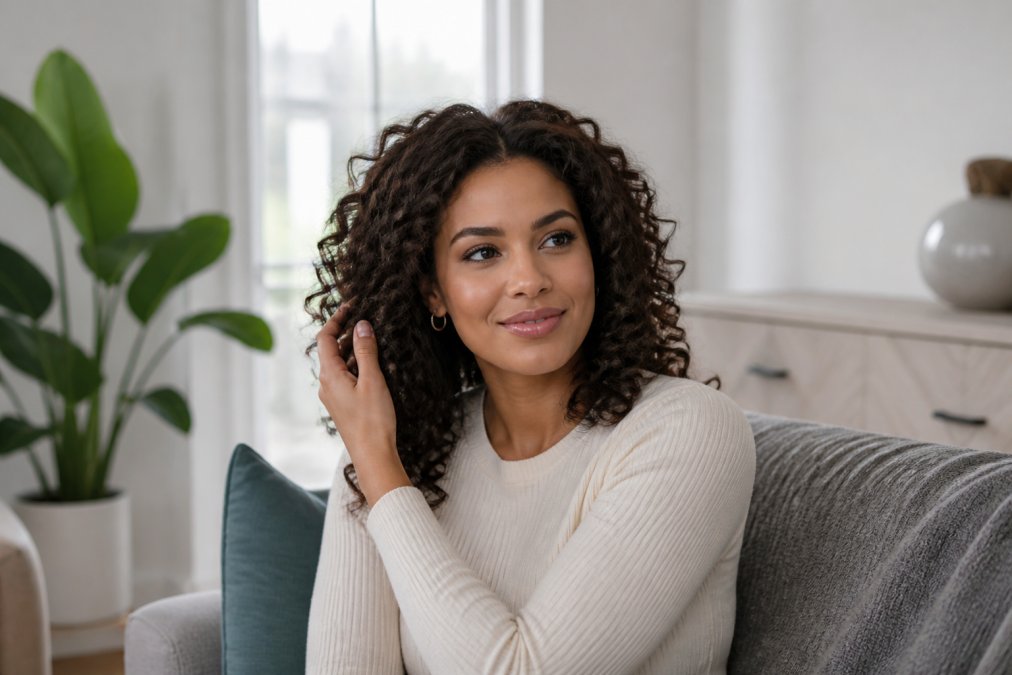 A woman with a natural-looking curly human hair wig smiling softly while gently touching her hair, seated in a bright and airy living room with soft natural light