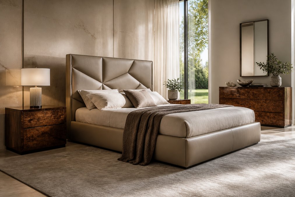 Luxurious bedroom featuring a leather Italian statement bed with geometric stitching detail and tall headboard, paired with burr walnut bedside tables and matching chest of drawers, natural morning light streaming through large windows, minimalist contemporary styling