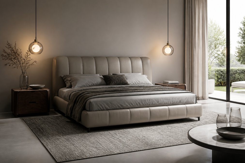 Contemporary living room featuring a sleek leather Italian statement bed as focal point, paired with minimalist burr walnut bedside tables, neutral colour palette of cream and grey, modern pendant lighting, and carefully curated accessories on clean surfaces, natural daylight from floor-to-ceiling windows