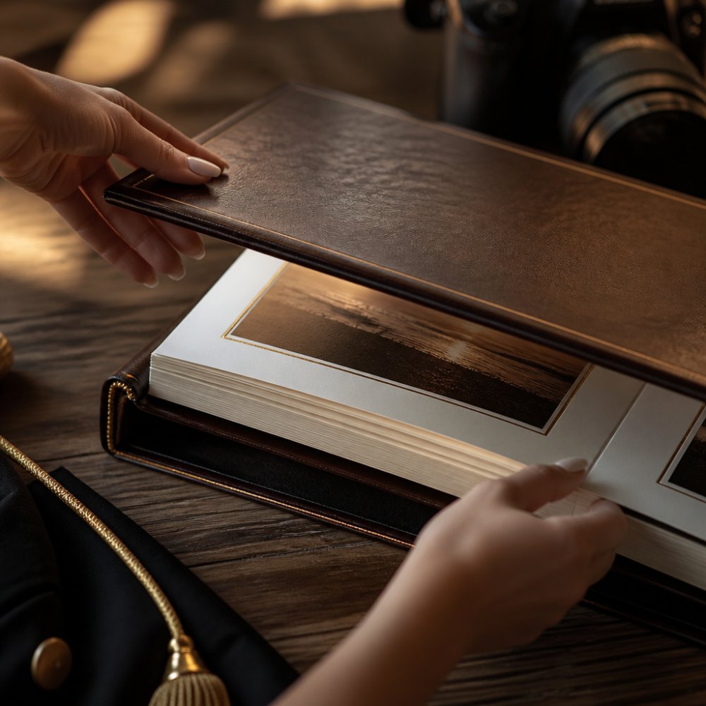 Close-up of hands opening a leather-bound handcrafted Italian photography album, revealing layered archival paper with gold-embossed accents catching warm studio light, showing texture and craftsmanship detail