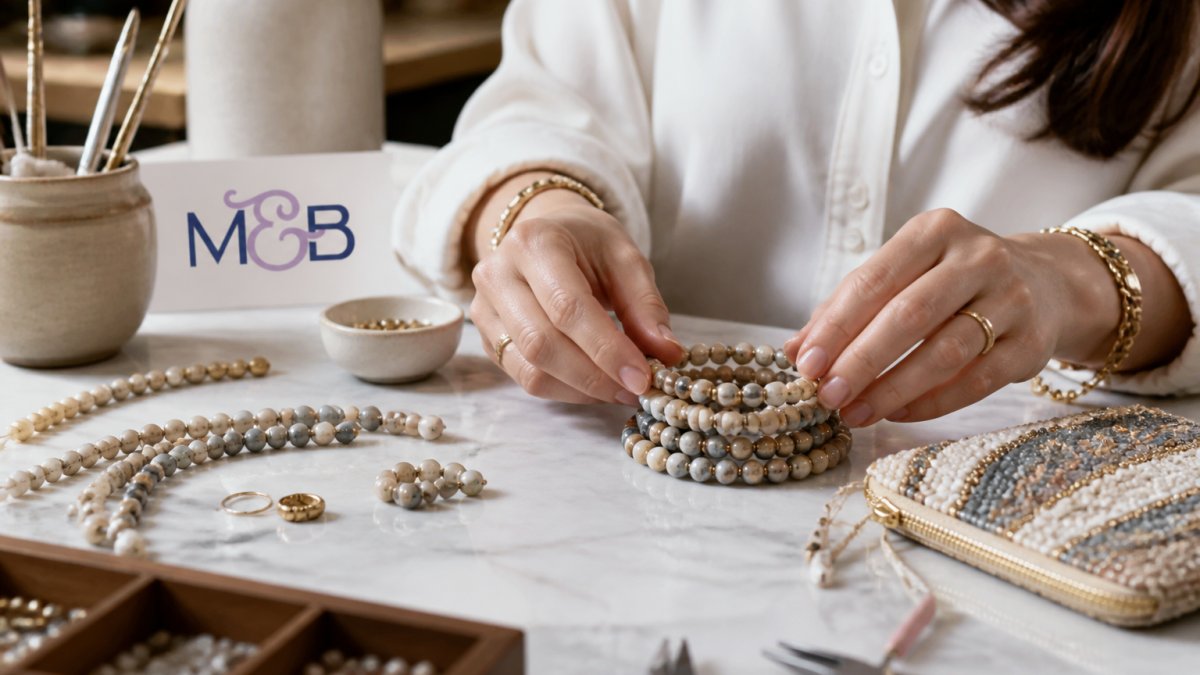 A close-up photo of a woman's hands arranging a stack of beaded stretch bracelets and a beaded coin pouch on a marble vanity, with soft natural light highlighting the textures