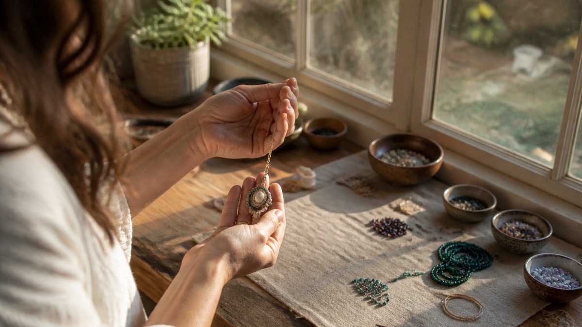 Hands holding a delicate beaded pendant near a sunlit workbench with crafting supplies