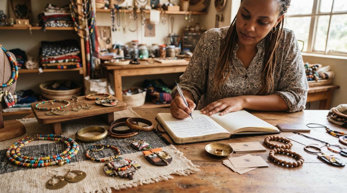 Artisan jewelry maker at wooden workbench with handcrafted beaded pieces displayed, holding a printed return policy document under warm studio lighting