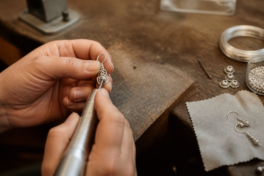 Bench jeweler using precision tools to hand-finish a sterling silver earring on a workbench