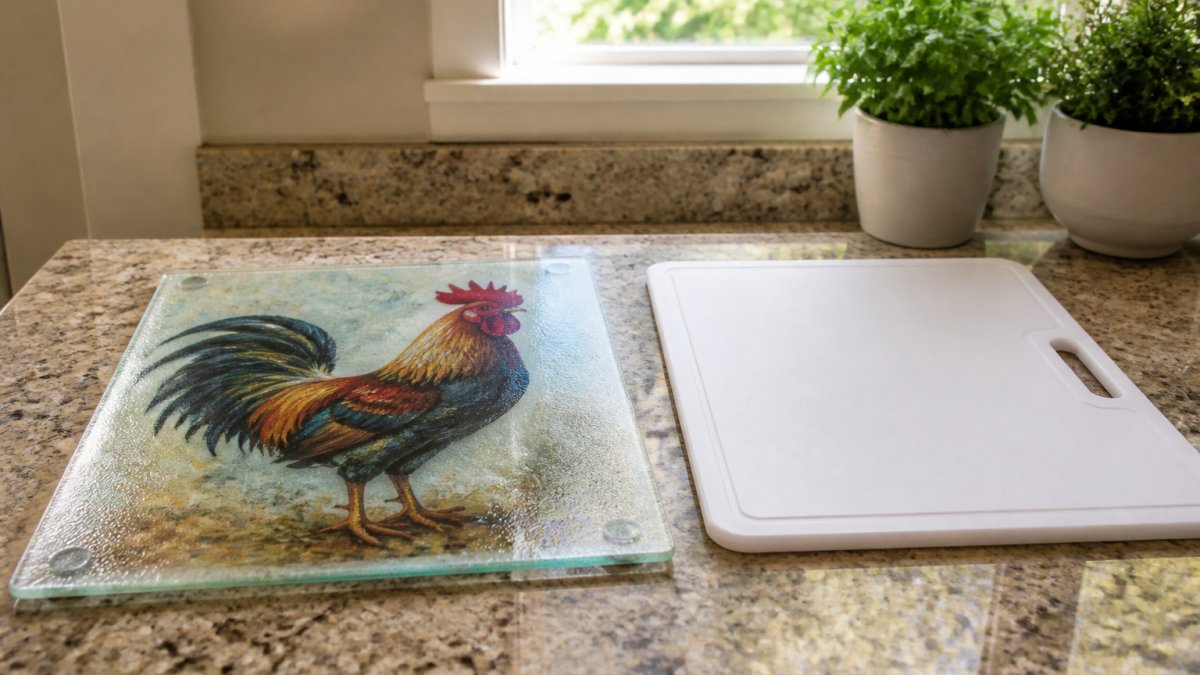 A bright kitchen counter displaying a handcrafted glass cutting board with a colorful rooster design next to a plain white mass-produced plastic cutting board, natural light from a window, warm and inviting home setting
