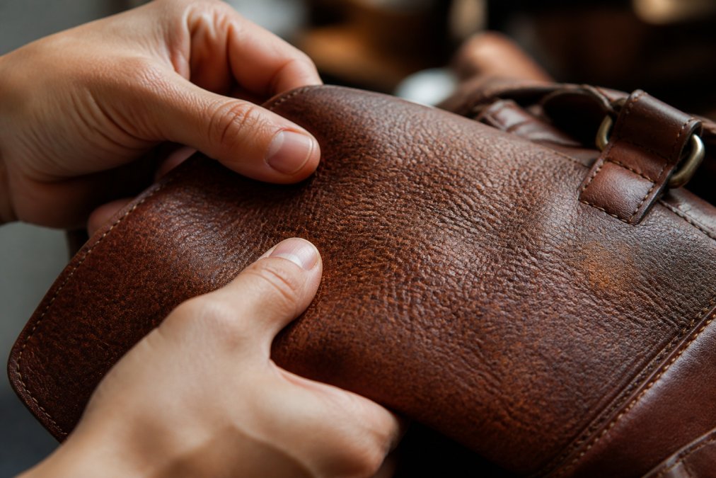 Close-up of hands examining the surface texture and grain pattern of a handcrafted leather bag, showing detailed inspection of the leather's natural markings and fine craftsmanship in natural lighting