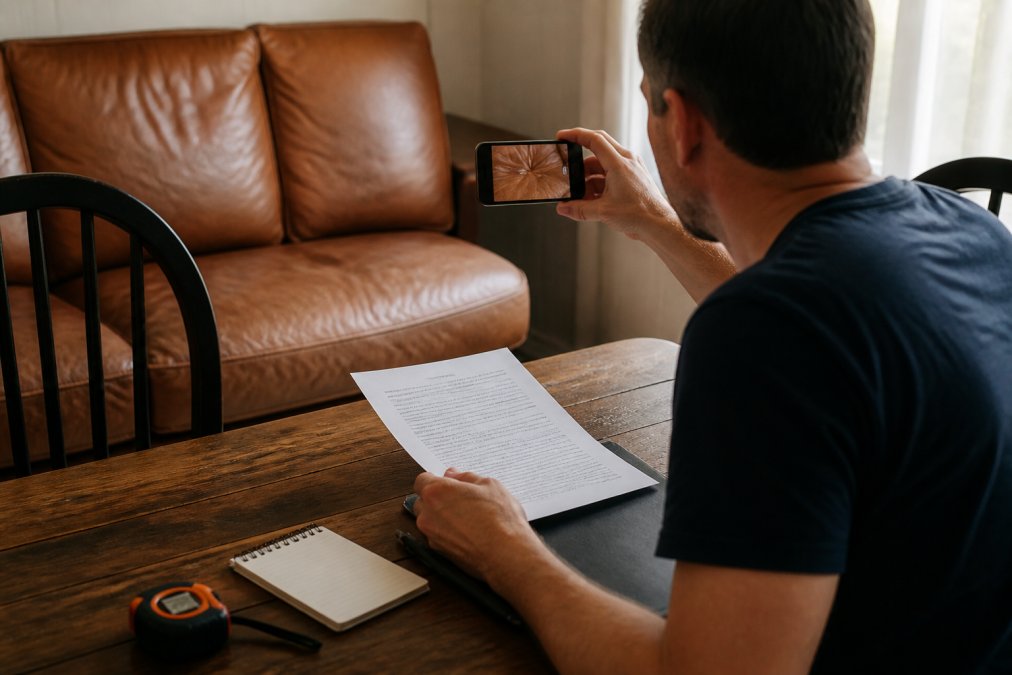 A person sitting at a wooden dining table, reviewing a furniture warranty document and taking a photo of a leather sofa cushion with a smartphone to document a claim, warm afternoon light through a window