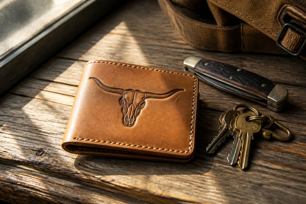 Close-up of a hand-tooled Saddle Tan leather wallet with a longhorn design resting on a weathered wooden table beside a folding pocket knife and a set of keys, warm afternoon light through a window