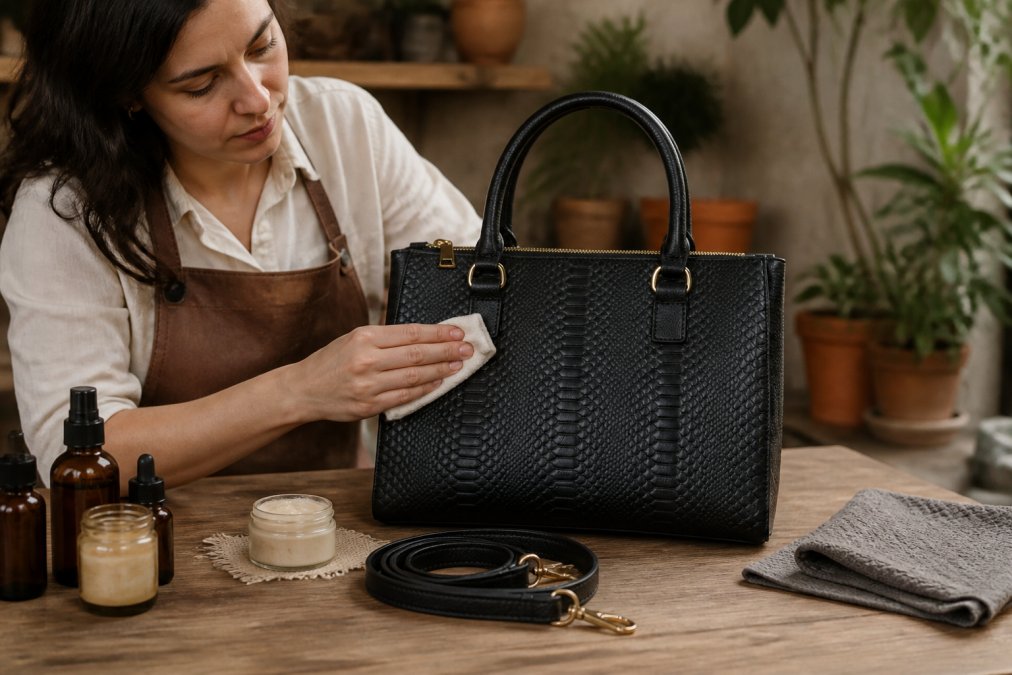 Flat lay of a well-maintained handcrafted leather handbag with visible patina and aging, surrounded by leather conditioning cream, soft microfiber cloth, and natural care products on a wooden surface