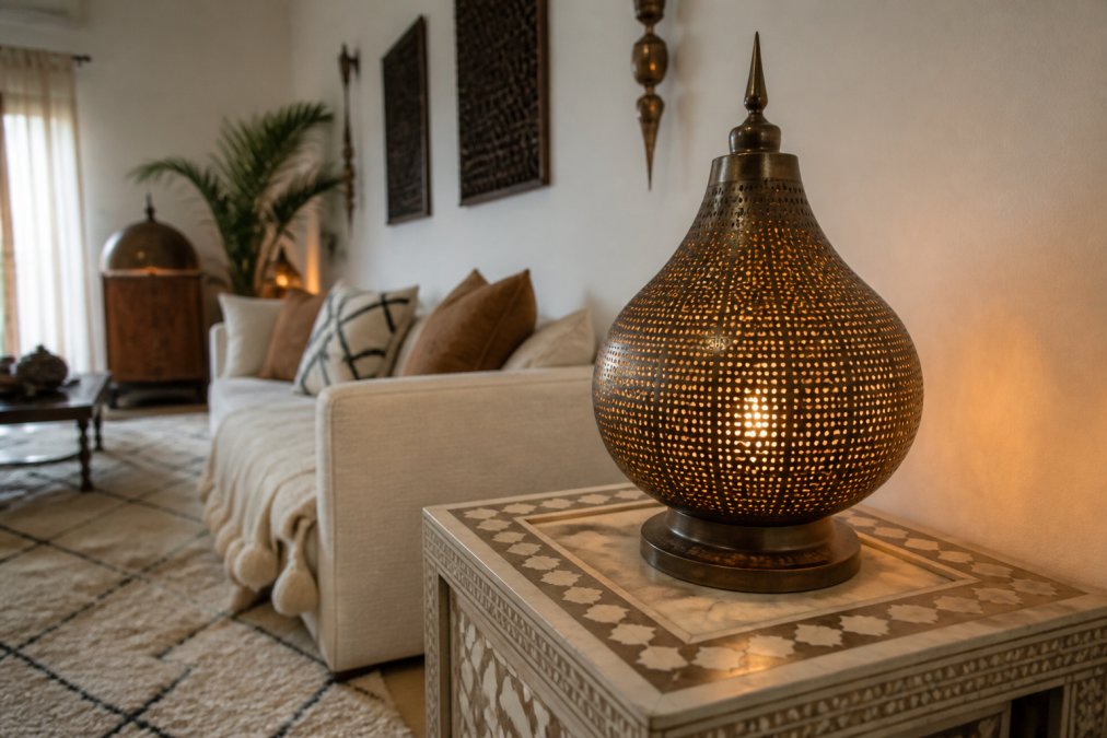 A bright, modern living room with white walls featuring a handcrafted dark brass Moroccan table lamp glowing on a camel bone inlay side table, with a woven berber rug and linen sofa in the background