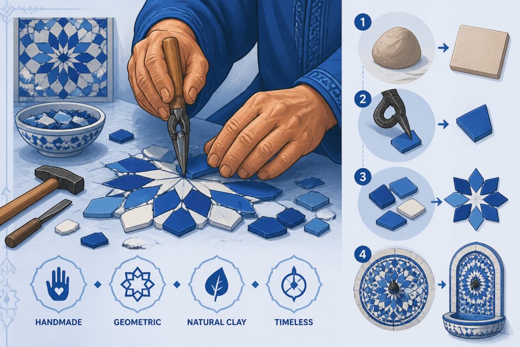Close-up of artisan's hands carefully hand-cutting individual zellige tiles with traditional tools, showing intricate geometric patterns emerging from natural clay, warm studio lighting illuminating the tilework