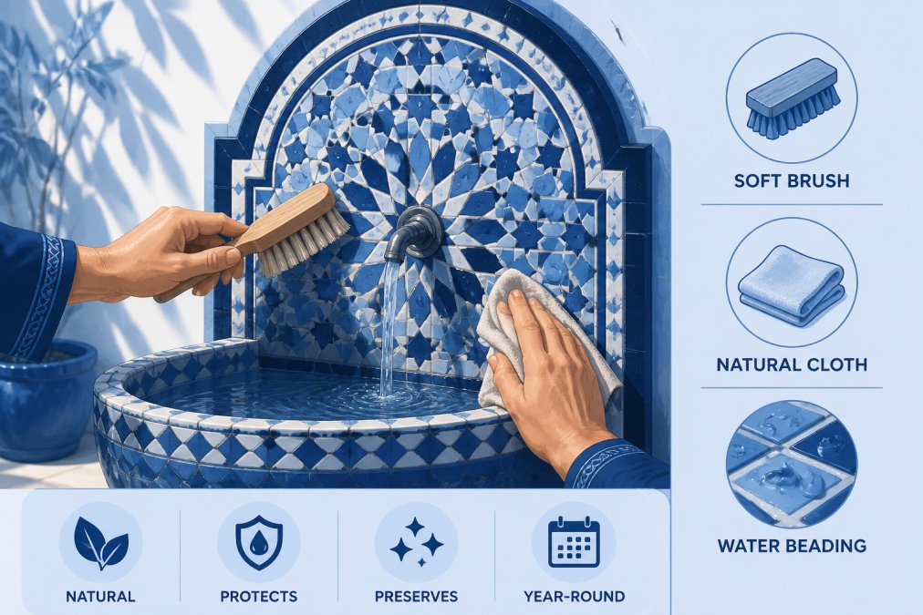 Hands of artisan carefully cleaning a Moroccan mosaic fountain with soft-bristled brush and natural cloth, showing water beading on glazed zellige tiles, warm natural sunlight illuminating the tilework