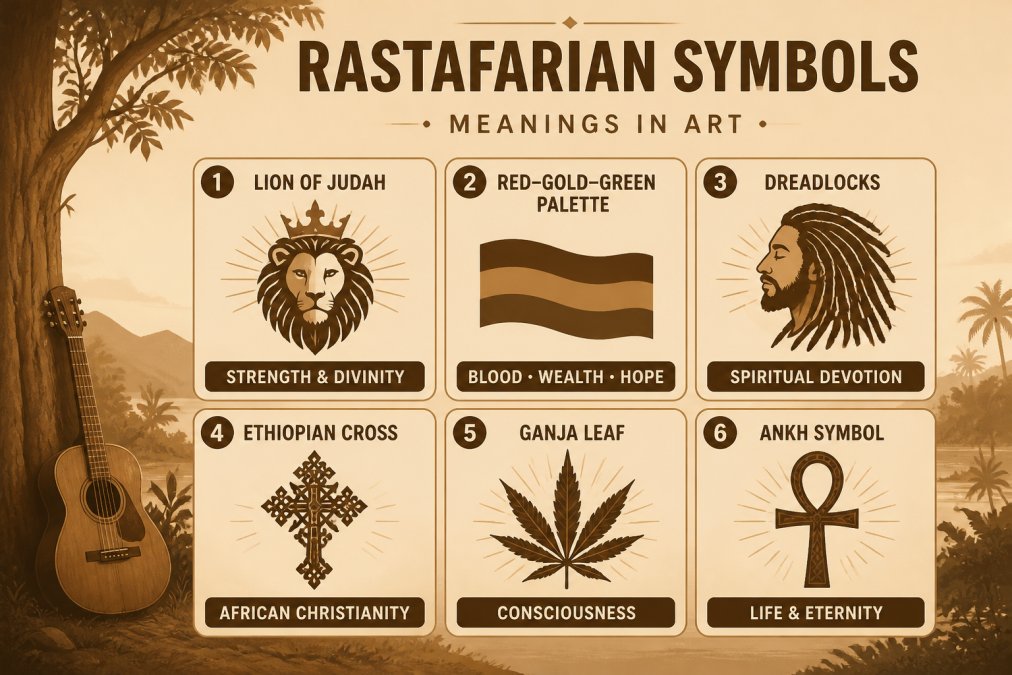 Diagram showing 6 key Rastafarian symbols: Lion of Judah (strength and divinity), Red-Gold-Green palette (blood, wealth, hope), Dreadlocks (spiritual devotion), Ethiopian Cross (African Christianity), Ganja leaf (consciousness), and Ankh symbol (life and eternity) with cultural meanings labeled