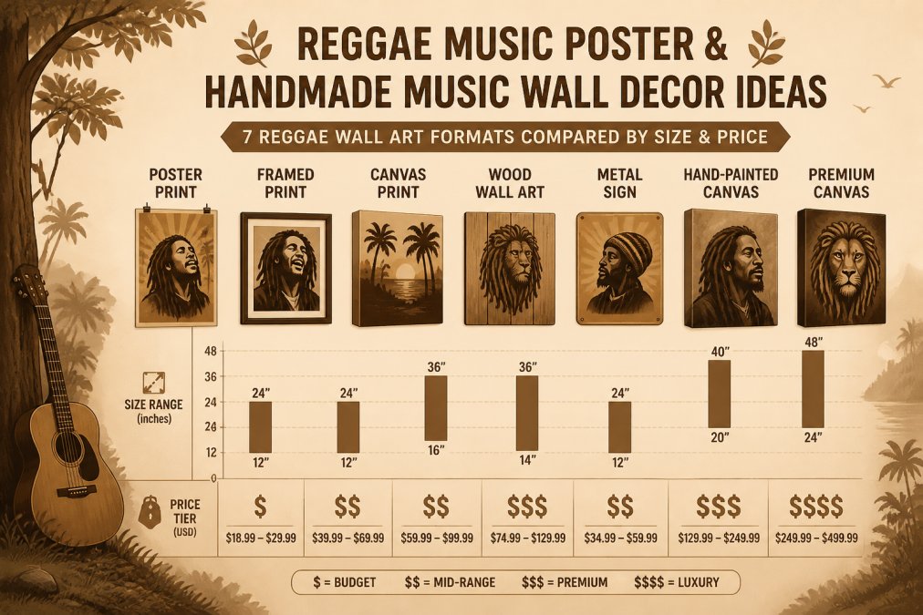 Bar chart comparing seven reggae wall art formats by typical size range and price tier, from $18.99 prints to premium handcrafted canvas