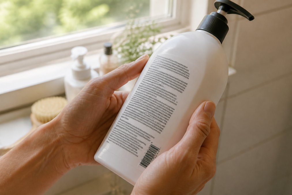 Close-up of hands holding a commercial soap bottle while reading the ingredient label in natural window light, with fine print clearly visible