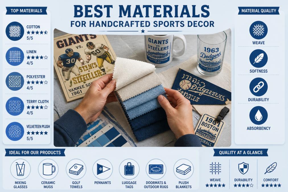 Close-up of hands examining fabric swatches and material samples, showing texture and weave quality with vintage sports memorabilia and color samples in soft natural lighting