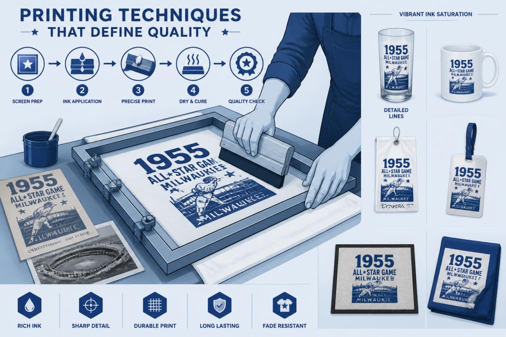 Artisan craftsperson carefully applying detailed screen printing to sports-themed fabric, showing precision hand movements and vibrant ink saturation with vintage sports memorabilia reference materials nearby