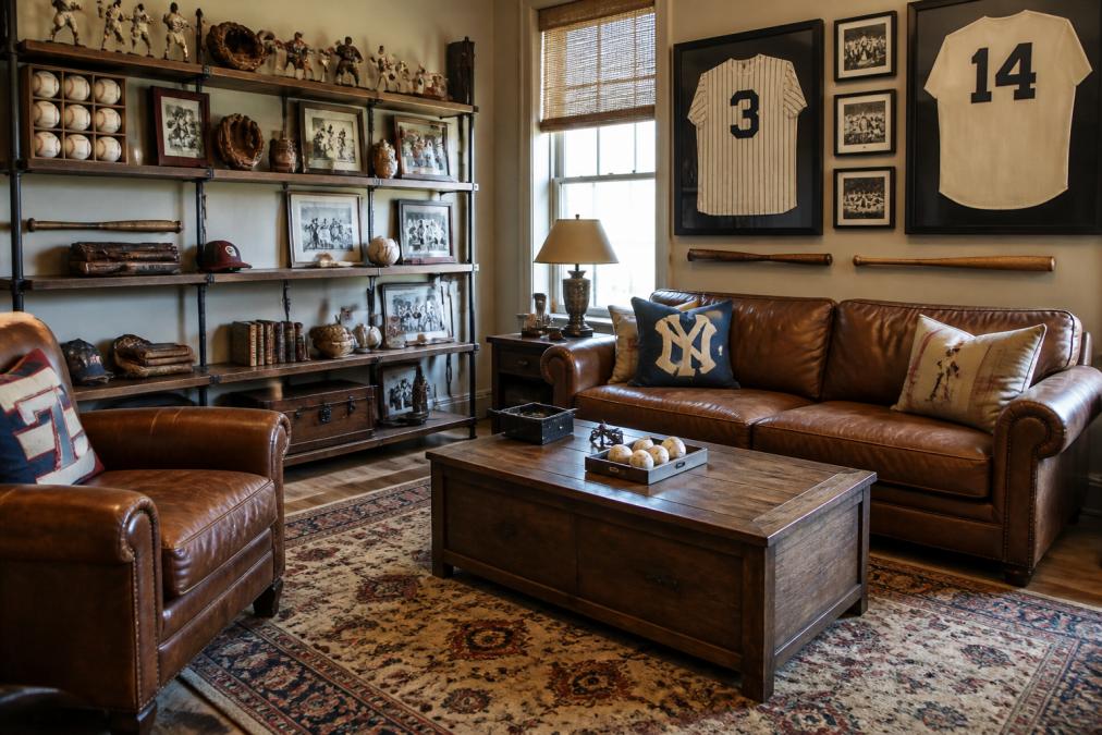 A well-organized game room featuring open shelving with vintage baseball memorabilia, framed jerseys displayed on walls, and a comfortable seating area with vintage-themed area rug in warm natural lighting