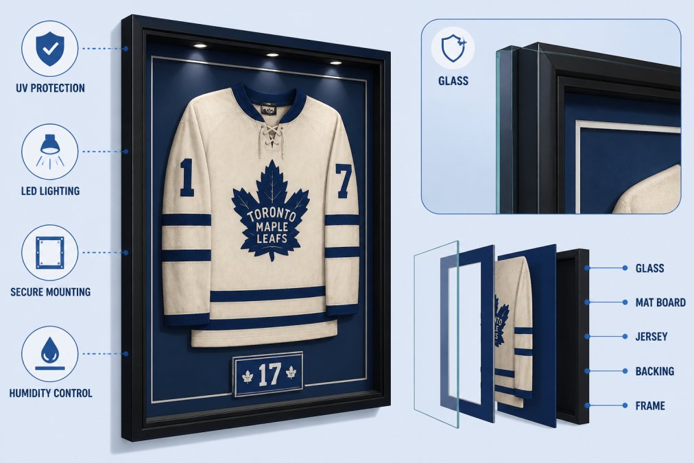 Close-up of a beautifully framed vintage hockey jersey in a museum-quality display case, showing protective glass and professional mounting with controlled lighting