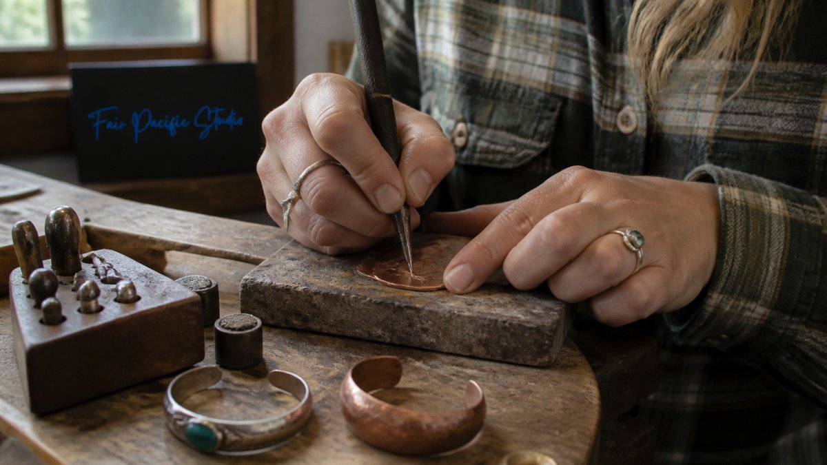 Close-up of artisan hands working on handcrafted jewelry with metalworking tools, natural light illuminating detailed copper and silver metalwork