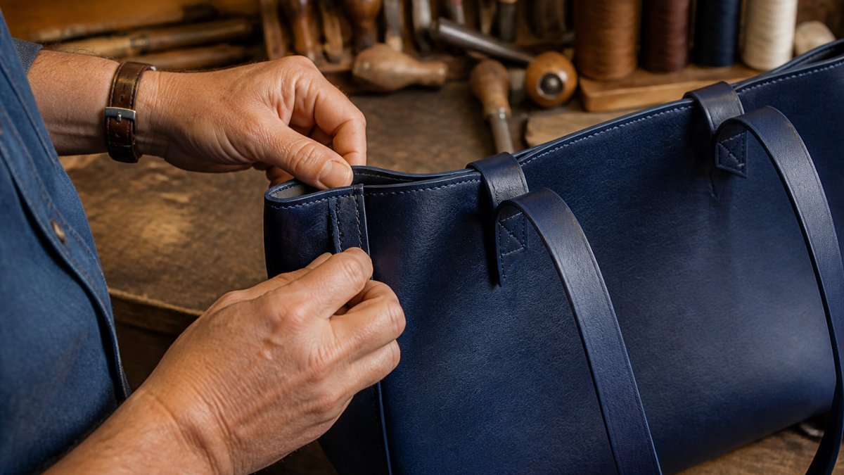 Close-up of hands examining the stitching and edge finish on a navy leather tote bag resting on a wooden workbench, with leather tools and thread spools visible in the background