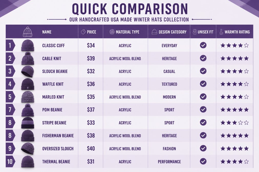 Feature comparison matrix showing all 10 handcrafted beanies with columns for name, price, material type, design category, unisex fit, and warmth rating