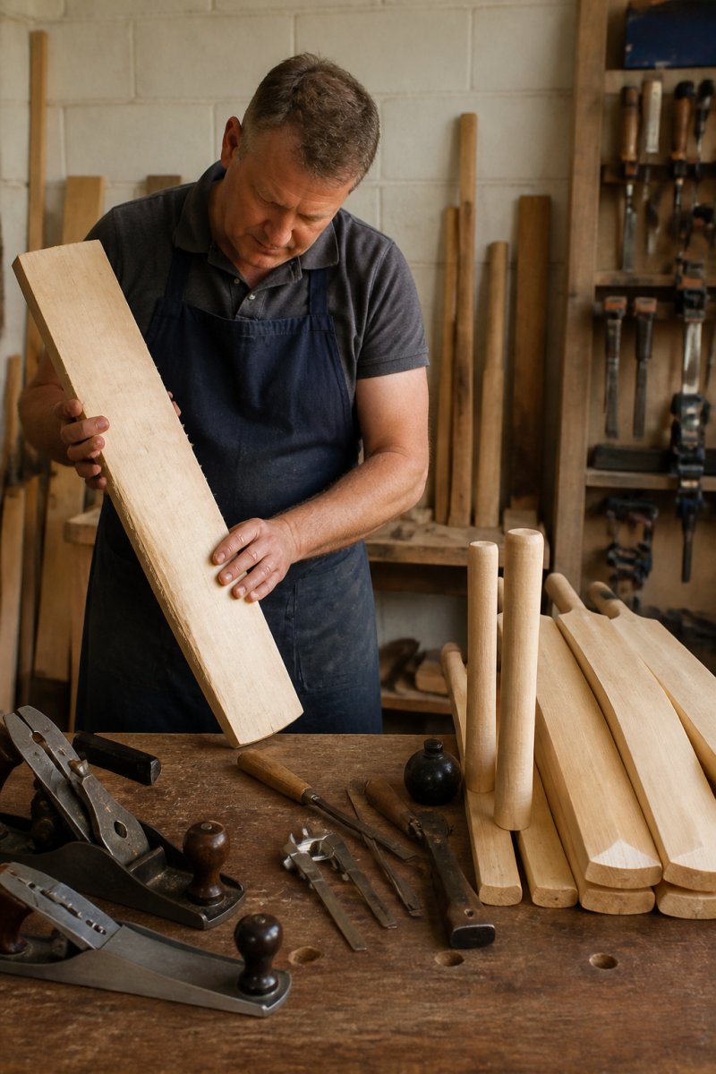 Professional craftsperson carefully selecting and inspecting an English willow cleft in a bright workshop, with hand tools, measuring instruments, and finished bat components visible on the wooden workbench