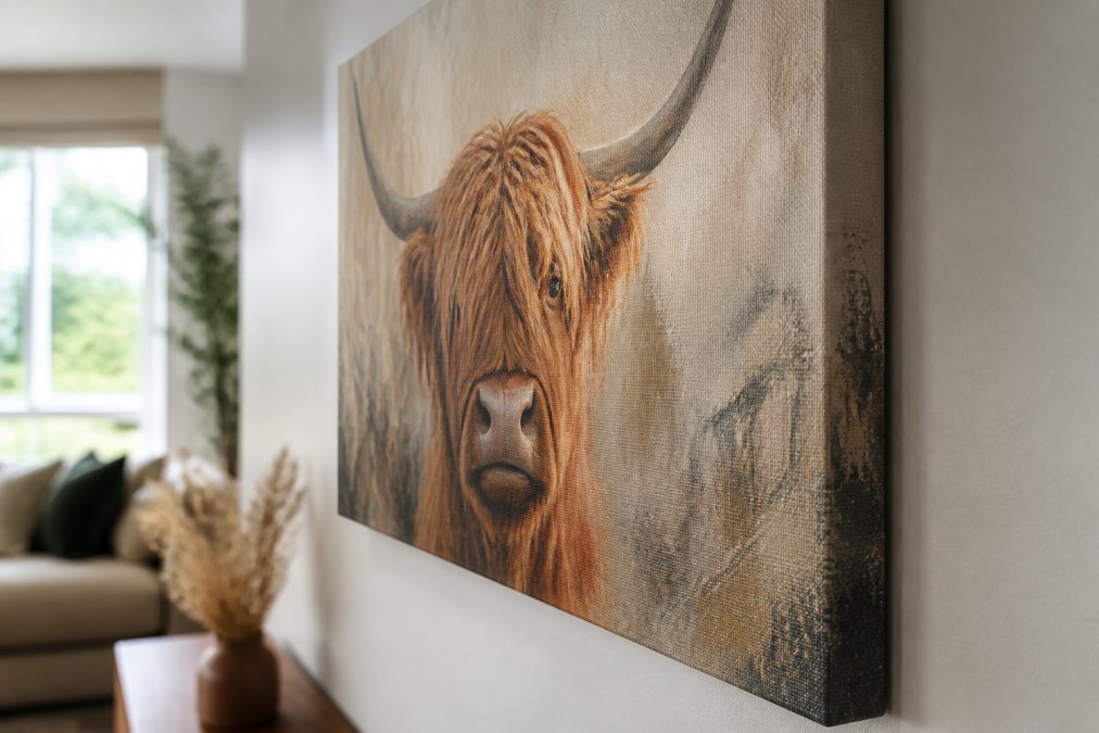 Close-up of a richly textured canvas wall art piece hanging on a light-painted living room wall, with visible canvas weave and warm natural tones, soft natural light filtering in from a nearby window