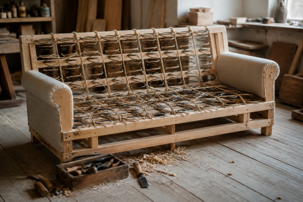 A craftsman's workshop with a hand-tied spring system and solid wood frame exposed on a sofa, tools and wood shavings nearby, natural light highlighting the joinery