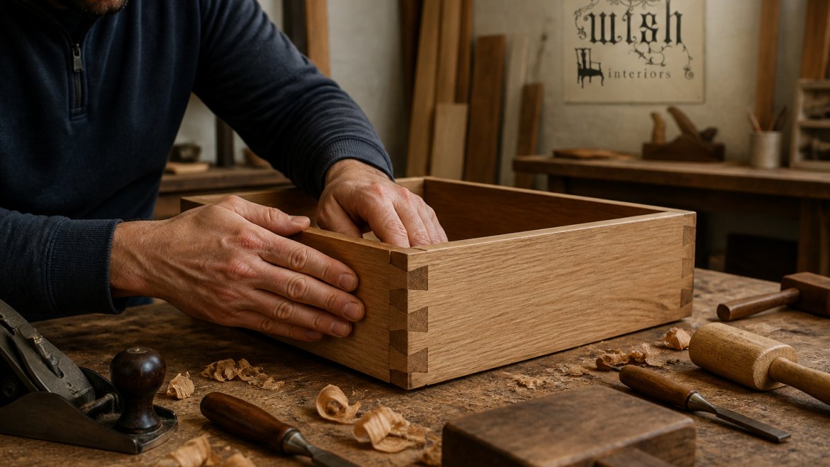 Close-up of a craftsperson's hands running along a solid wood drawer joint in a workshop, hand tools and wood shavings on the bench behind