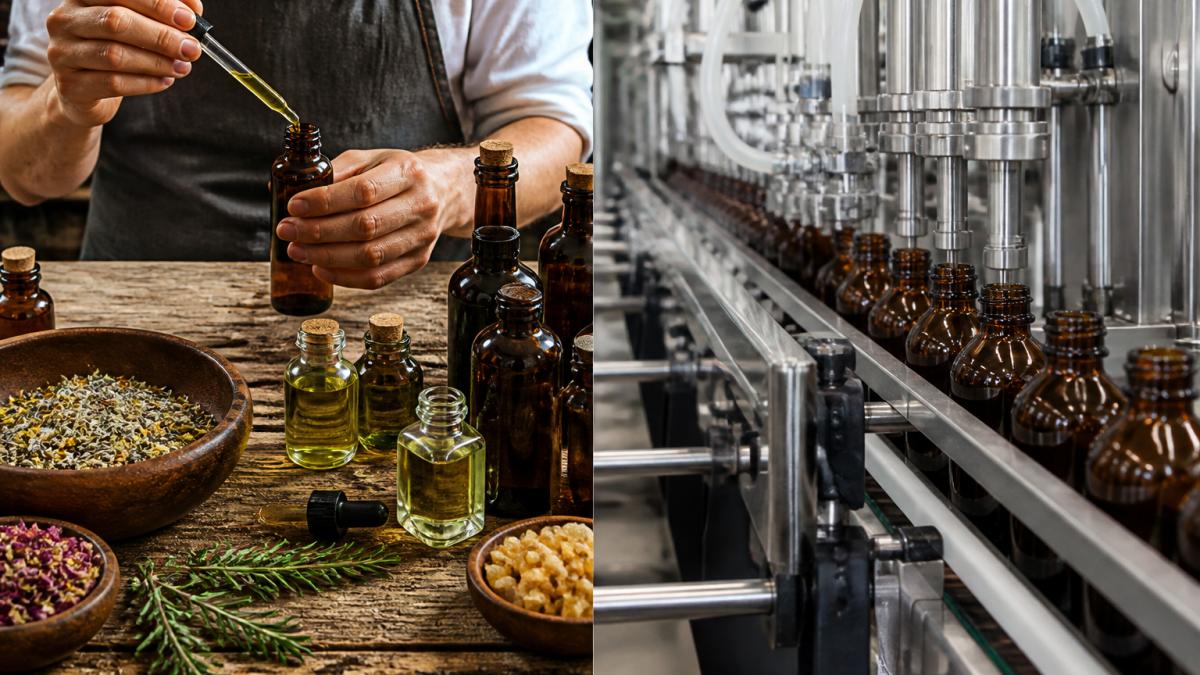 Close-up of artisan hands measuring and blending natural ingredients for beard oil in a workshop setting, with glass bottles and raw materials visible on a wooden workbench