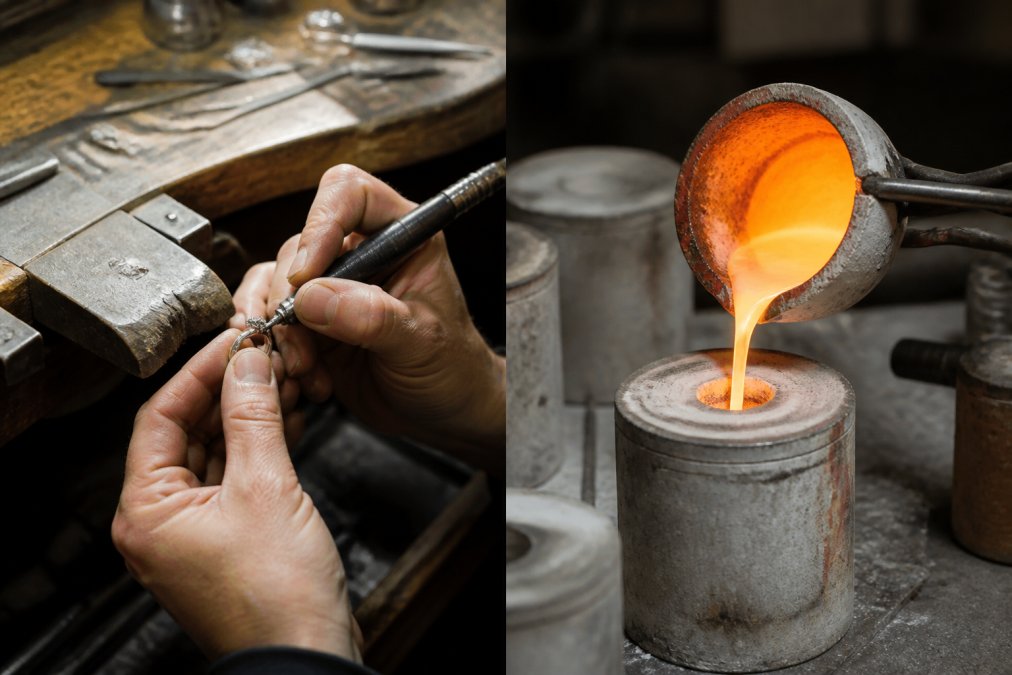 Close-up of a jeweller's hands carefully hand-finishing a piece of fine jewellery at a workbench, with tools and precious metals visible, natural workshop lighting illuminating the detailed work