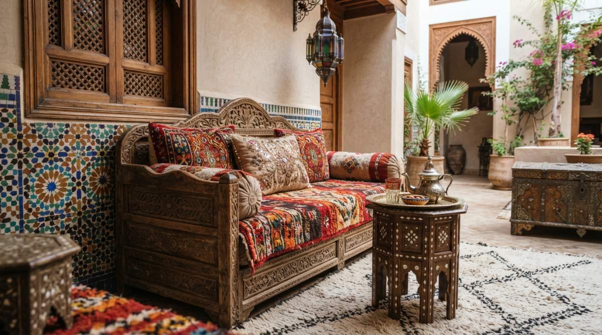 Close-up of intricate hand-carved Moroccan wooden furniture detail with geometric patterns and mother-of-pearl inlay work, artisan's hands visible working on the piece with traditional hand tools