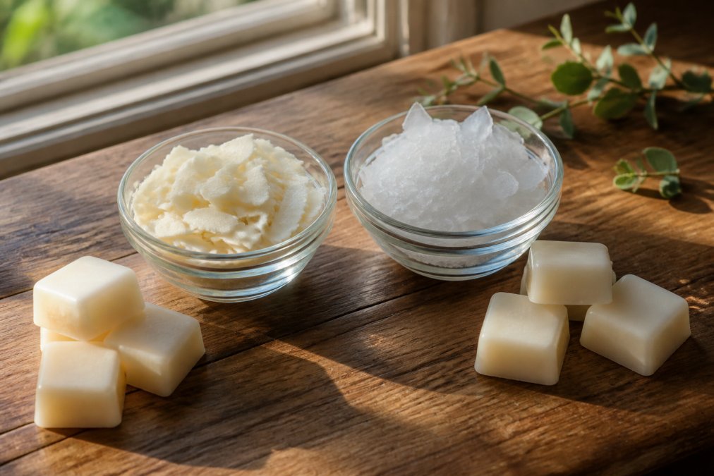 Comparison of soy and paraffin wax ingredients for handcrafted vs mass produced wax melts on a wooden table