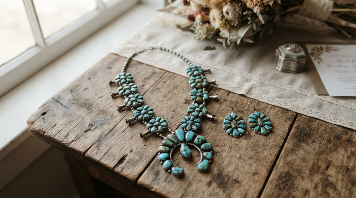 A flat lay of a complete western wedding jewelry set, including a turquoise squash blossom necklace and matching earrings, arranged on a rustic wooden surface with soft, natural window lighting