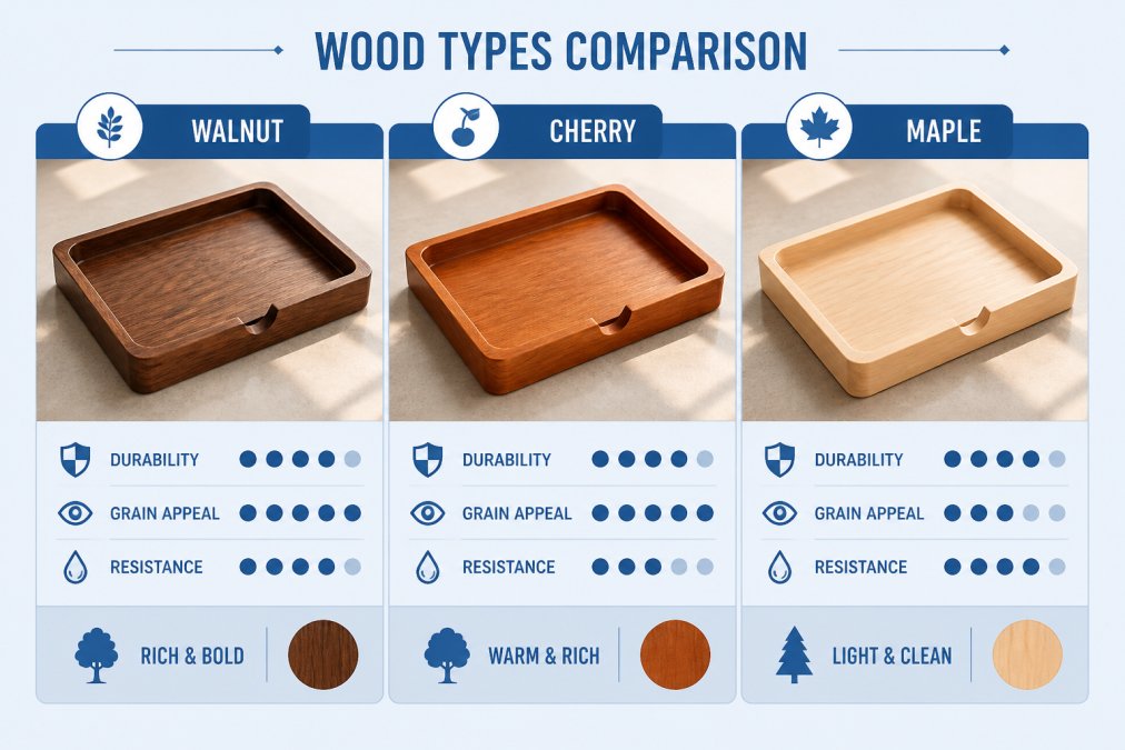Three wooden valet trays in walnut, cherry, and maple wood displayed side by side on a neutral surface, showing natural grain patterns and hand-sanded finishes in warm natural lighting from a window