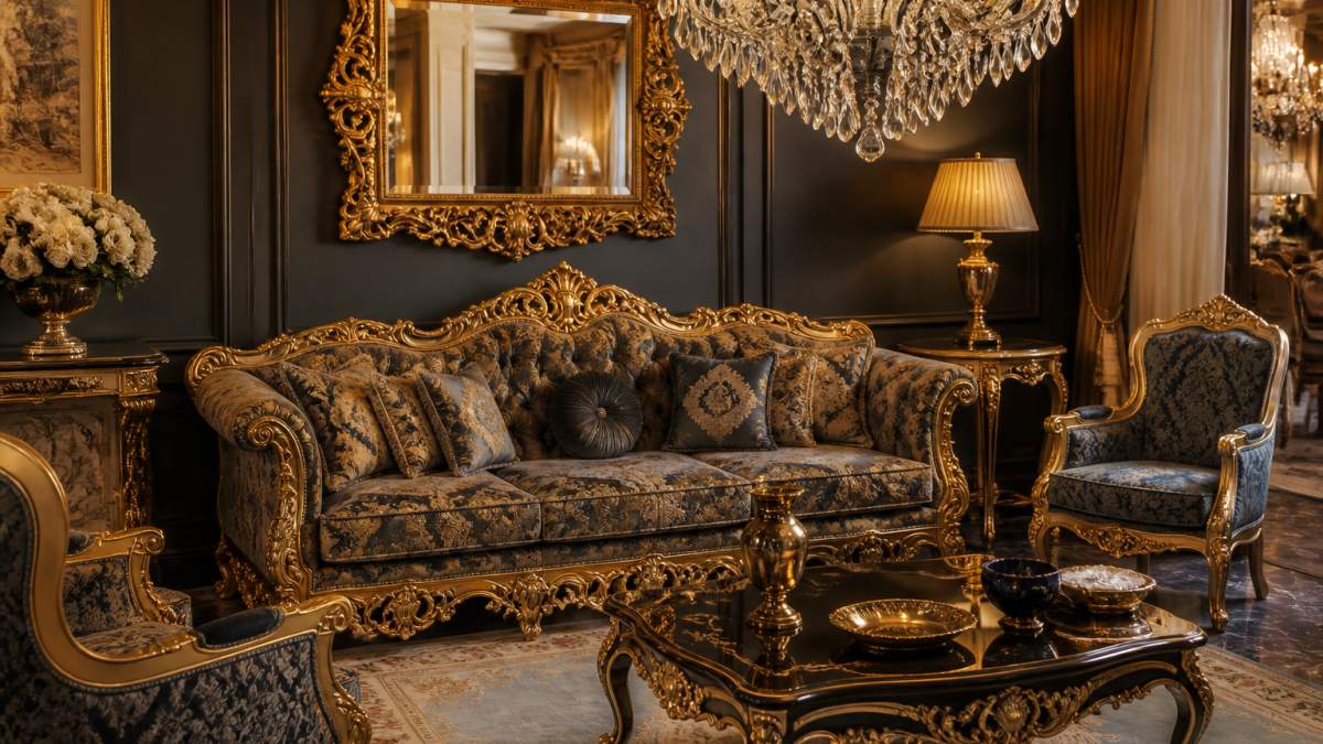 Elegantes Wohnzimmer mit handgefertigten Barockmöbeln: Prunkvolles Sofa mit Goldakzenten, ornamentaler Spiegel mit verziertem Rahmen und Kronleuchter in luxuriöser Umgebung mit gedimmter Beleuchtung