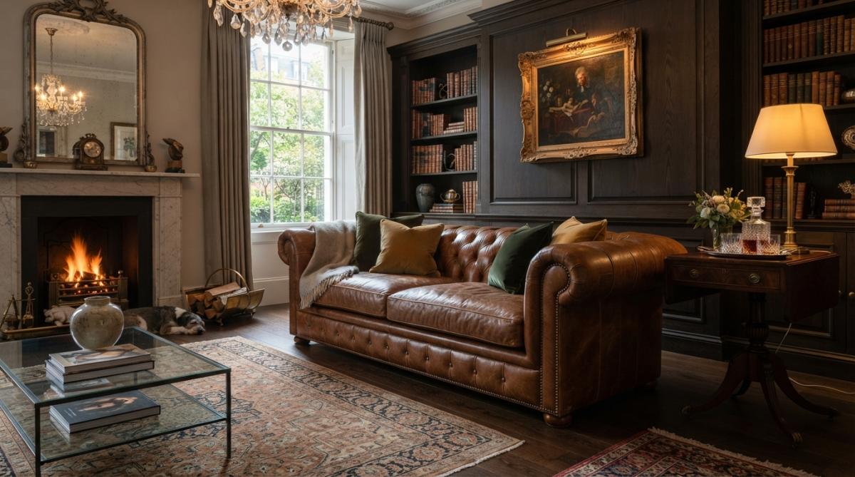 Luxuriöses Wohnzimmer mit handgefertigtem Chesterfield-Sofa in cognacfarbenem Echtleder, eleganter Barocksessel daneben, klassische Stehleuchte mit Kristallschirm, warmes Licht durch schwere Vorhänge, Marmor-Beistelltisch mit Blumenstrauß