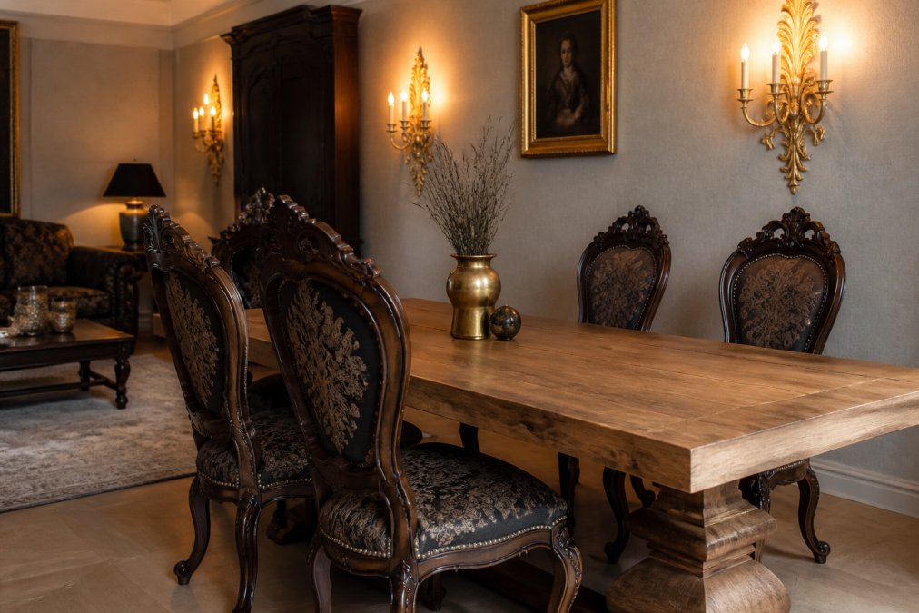 Elegantes Wohnzimmer mit handgefertigten Barockstühlen aus dunklem Massivholz und massivem Eichentisch, klassische Wandleuchten mit Blattgold, warme Beleuchtung die die Holzmaserung hervorhebt
