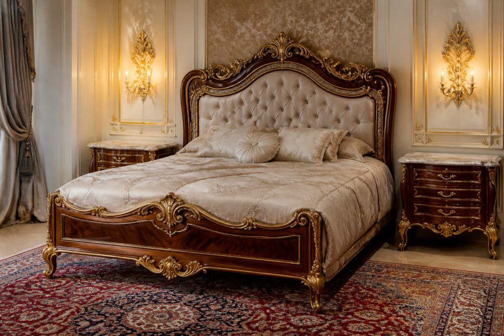 Luxuriöses Schlafzimmer mit maßgefertigten Barockbett aus Massivholz, Nachtschränken mit Marmortop und Bronzebeschlägen, eleganten Wandleuchten mit Blattgold und klassischem Perserteppich