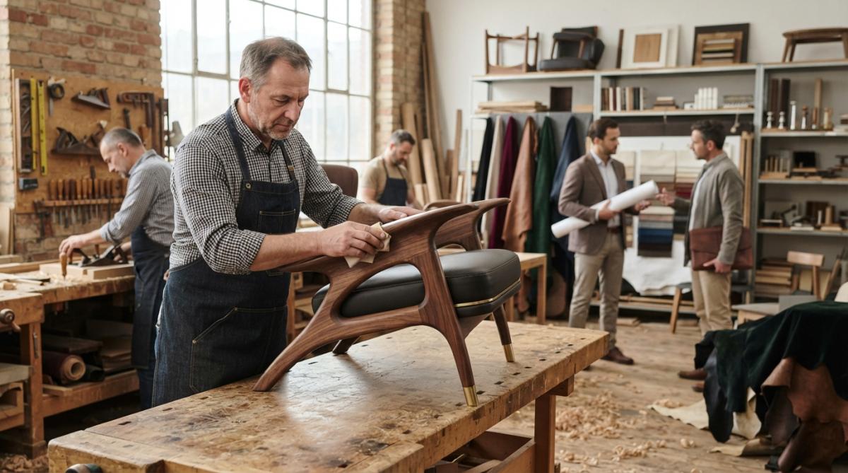 Close-up of artisan hands carefully carving ornate wooden furniture detail with traditional chisels and tools in a bright workshop, wood shavings visible on the workbench