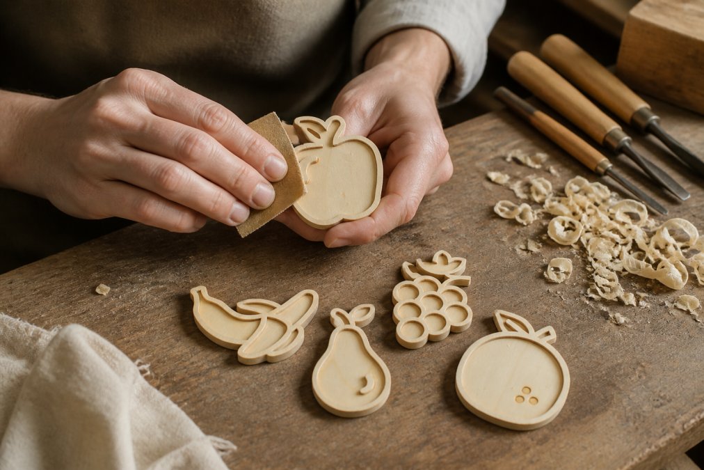 Close-up of a craftsperson's hands carefully sanding a small wooden toy shape on a wooden workbench, with natural wood shavings and simple hand tools visible nearby, warm workshop lighting